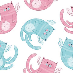 Cartoon twins blue and pink cats, seamless pattern, wrapping paper or print fabric . Greeting card, poster for baby shower, banner, vector illustration