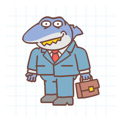 Boss shark holding suitcase and smiling. Hand drawn character. Vector Illustration