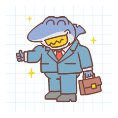 Boss shark holding suitcase and showing thumbs up. Hand drawn character. Vector Illustration