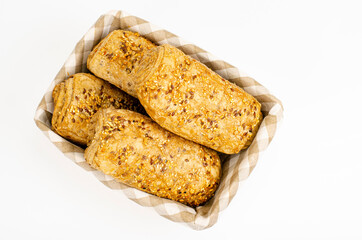 Healthy eating. Whole grain flaxseed bread. Studio Photo