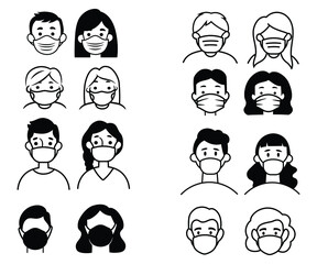 Set of masked people. Collection of icons of men and women wearing protective masks to prevent infection. Social distancing. Vector illustration for indoor protection of people from viruses.