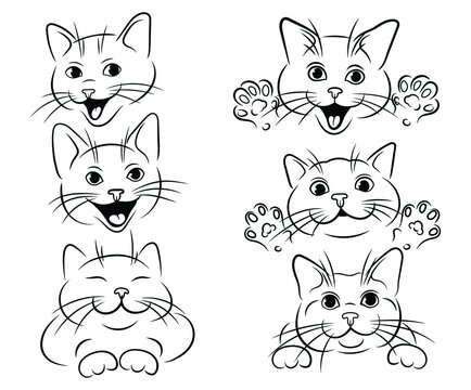 Set of head funny cats. Collection of cartoon portrait cats with paws. Vector illustration of cute cats. Peeking animals. Playing pets. Tattoo