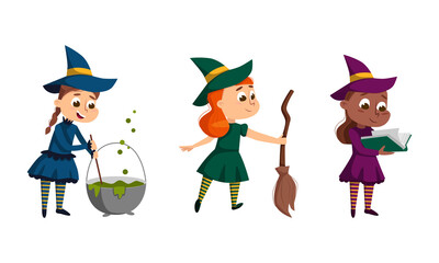 Happy Girl Witch in Dress and Pointed Hat Casting Spell Practising Witchcraft and Doing Magic Vector Set