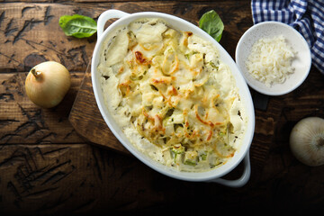 Homemade onion and cauliflower bake with cheese