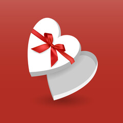 A new card on the occasion of Valentine's Day on February 14. A white heart-shaped box with a red bow. For decoration, posting, mailing