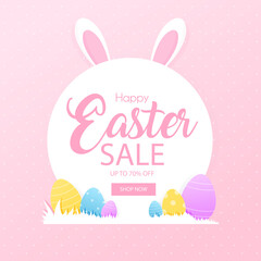 Happy easter, discount template, with bunny ears and easter eggs, pink color. Vector illustration.