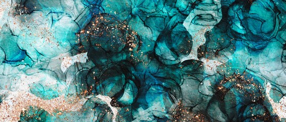 Abstract teal and blue accent background with rose gold design texture, watercolour painting, graphic for printed materials, luxury hand drawn art decoration, fluid art design,  - 480148688