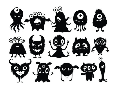 Set of silhouette cartoon monsters. Collection of happy monsters. Vector illustration for children. Cute mutants. Mythical animals.