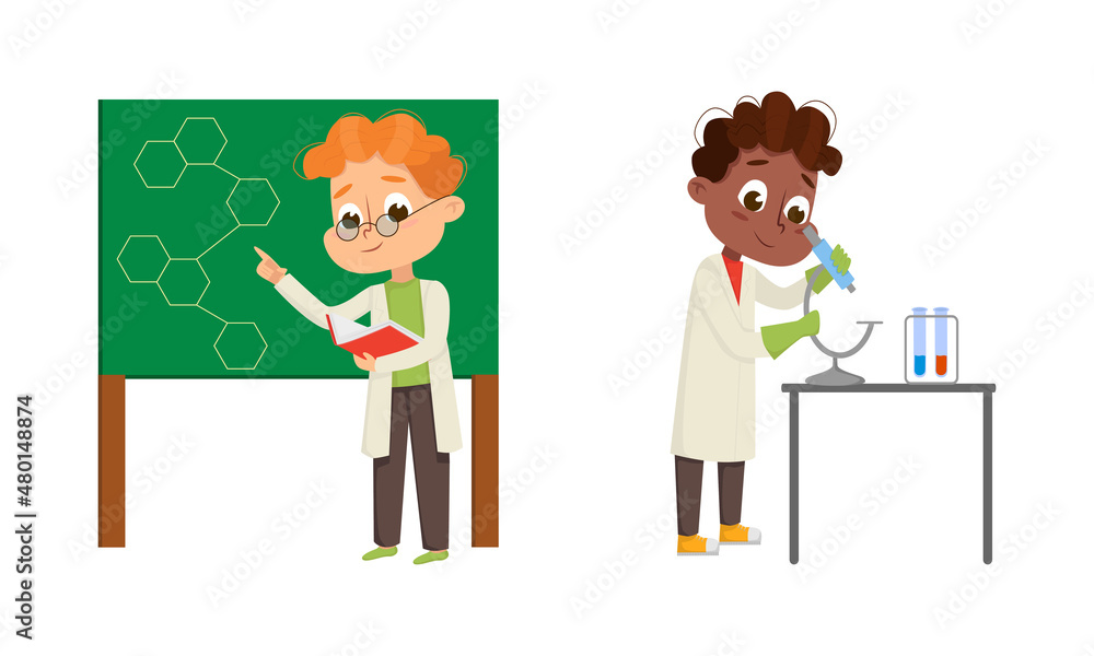 Sticker funny boy in laboratory coat making research with chemicals in glass flask vector illustration set