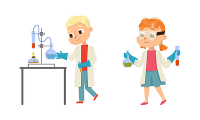 Funny Boy and Girl in Laboratory Coat Making Research with Chemicals in Glass Flask Vector Illustration Set