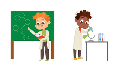 Funny Boy in Laboratory Coat Making Research with Chemicals in Glass Flask Vector Illustration Set