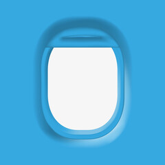 Window in the plane on a blue background as a symbol of travel