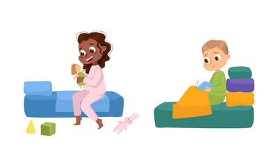 Little Boy and Girl Playing Dolls and Reading Book in Their Bed Preparing for Sleep Vector Set