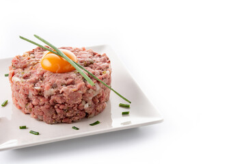 Beef steak tartare isolated on white background. Copy space