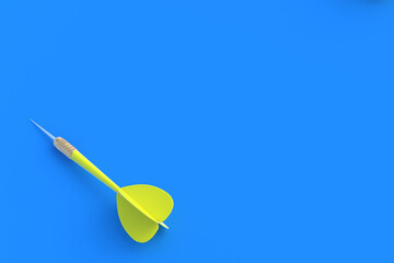 Toys for adults and children. Game for leisure. International tournament, competitions. Yellow dart on a blue background. Copy space. Top view. 3D rendering