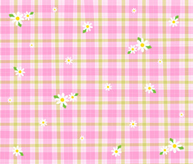 Pink Green Daisy Flower Gingham Patterns Background Editable Stroke. Vector Illustration Tablecloth, Picnic mat wrap paper.	