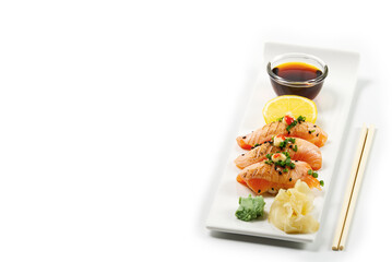 Various sushi rolls on white background. With copy space for text. Top view. Japanese food restaurant sushi maki roll plate. delicious seafood sushi at a Japanese restaurant