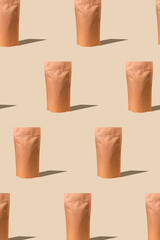 Pouch bag mockup pattern beige background harsh shadow. Merchandise packaging Blank brown kraft...