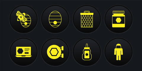Set Honey online service, Jar of honey, Hanging sign with honeycomb, Honeycomb, Hive for bees, Beekeeper protect hat and icon. Vector
