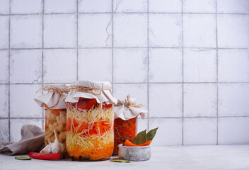 Assorted of pickled vegetables in jars