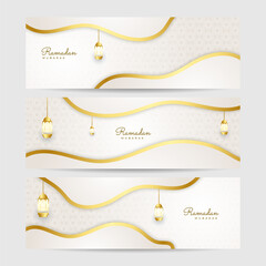 Ramadan Kareem banner background. Ramadan islamic holiday design templates with gold crescent moon, hand drawn lettering and mosque. Vector illustration.