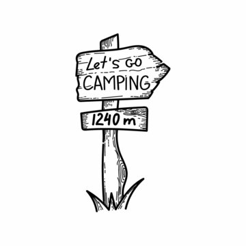 Hand-drawn doodle-style element. Local tourism. Signpost in the mountains. Hand-drawn Let's go camping. Vector image of camping or hiking items