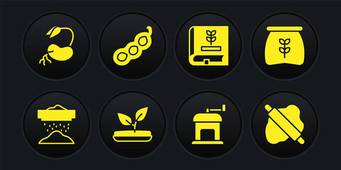 Set Sifting flour, Bag of, Sprout, Manual coffee grinder, Book about seeds, Green peas, Rolling pin on dough and icon. Vector