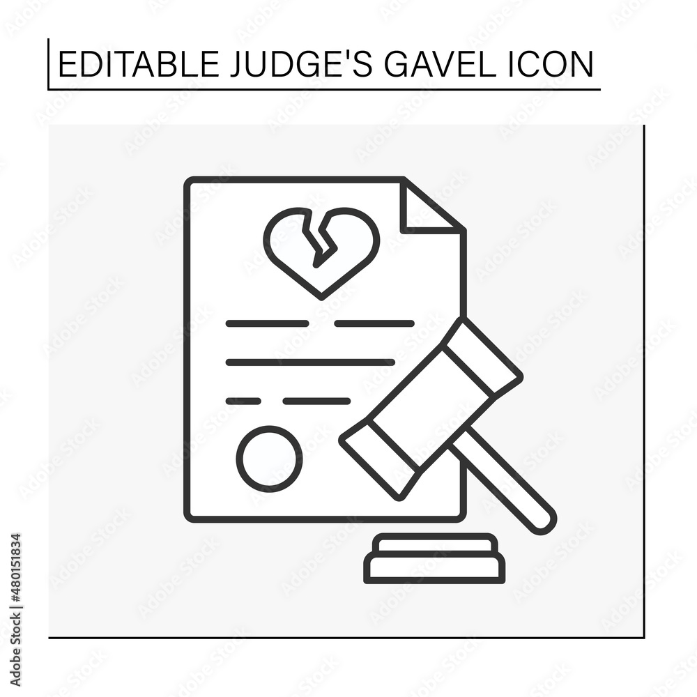 Poster document line icon.divorce resolution in court. judge decision. judge gavel concept. isolate vector 