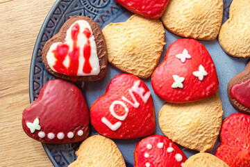 cookies in the form of hearts for Valentine's day. love. Decorated heart shaped cookies, closeup. Valentine's day treat