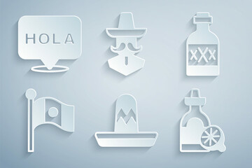 Set Mexican sombrero, Tequila bottle, Mexico flag, with lemon, man and Hola icon. Vector © vector_v
