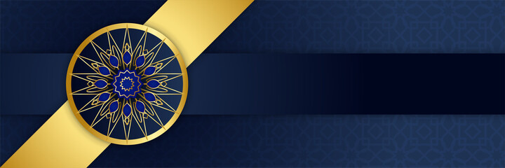 Ramadan Kareem banner background. Ramadan islamic holiday design templates with gold crescent moon, hand drawn lettering and mosque. Vector illustration.