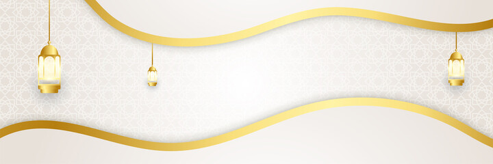 Ramadan Kareem banner background. Ramadan islamic holiday design templates with gold crescent moon, hand drawn lettering and mosque. Vector illustration.