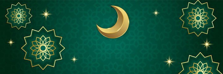 Ramadan Kareem banner background. Ramadan islamic holiday design templates with gold crescent moon, hand drawn lettering and mosque. Vector illustration.