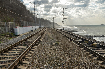 railway along Black sea in Tuapse (Krasnodar krai, Russia)