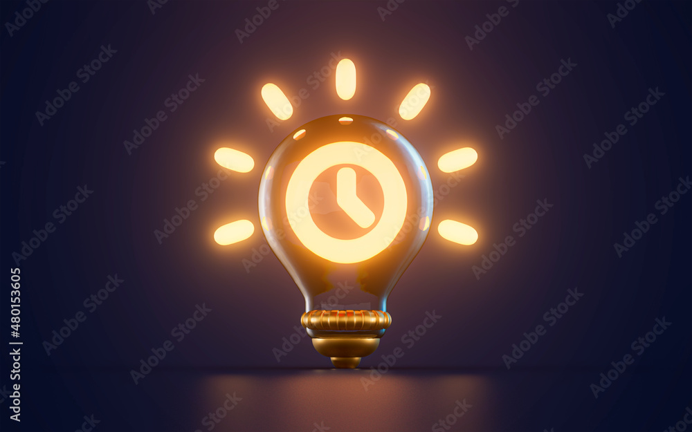 Poster circle clock icon glowing inside lightbulb on dark background 3d render concept