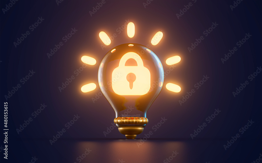 Poster cyber security lock icon glowing inside lightbulb on dark background 3d render concept