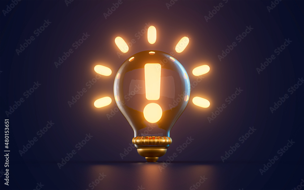 Poster exclamation hazard warning icon glowing inside lightbulb on dark background 3d render concept