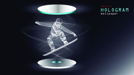The series of hologram wallpaper. Action figure of a snow ski athlete on light projection.