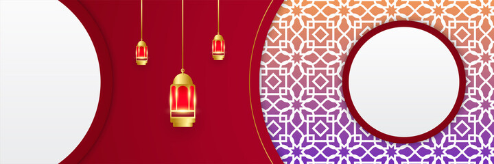 Ramadan Kareem Banner Background with moon, islamic pattern, lantern. Gold moon and red abstract luxury islamic elements background © Salman