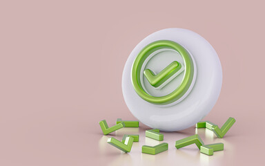 realistic checkmark sign icon on the white glossy background 3d render concpet for social banner