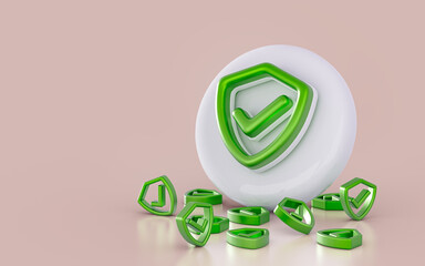 realistic security shield checkmark sign icon on the white glossy background 3d render concpet