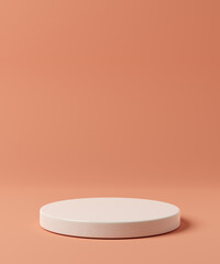 Empty white podium on orange background. Cylinder stand or pedestal mock up. 3d rendering.