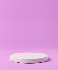 Empty white podium on pink background. Cylinder stand or pedestal mock up. 3d rendering.