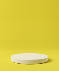 Empty white podium on yellow background. Cylinder stand or pedestal mock up. 3d rendering.
