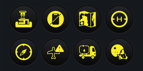 Set Compass, Helicopter landing pad, Warning aircraft, Fuel tanker truck, World travel map, No cell phone, Modern pilot helmet and Airport control tower icon. Vector