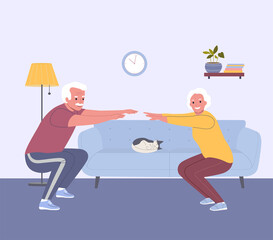 Fototapeta na wymiar Elderly man and woman do exercises at home. Living room interior. Stay home. Flat style cartoon vector illustration.