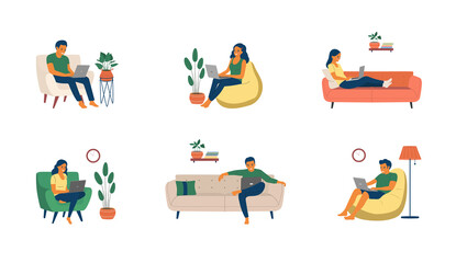 Men and women sitting on the sofa and chair  with laptops. Big set. Vector flat illustration