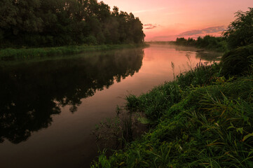 Fototapeta na wymiar dawn over forest lake, river