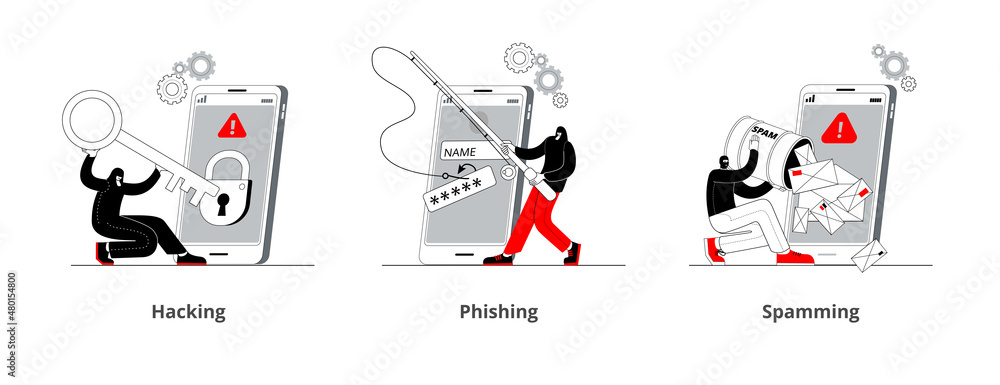 Poster a hacker is engaged in phishing on a smartphone. a set of mobile phone screen templates on the topic