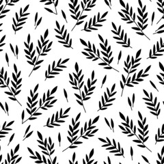 Monochrome endless seamless floral pattern with leaves in doodle style